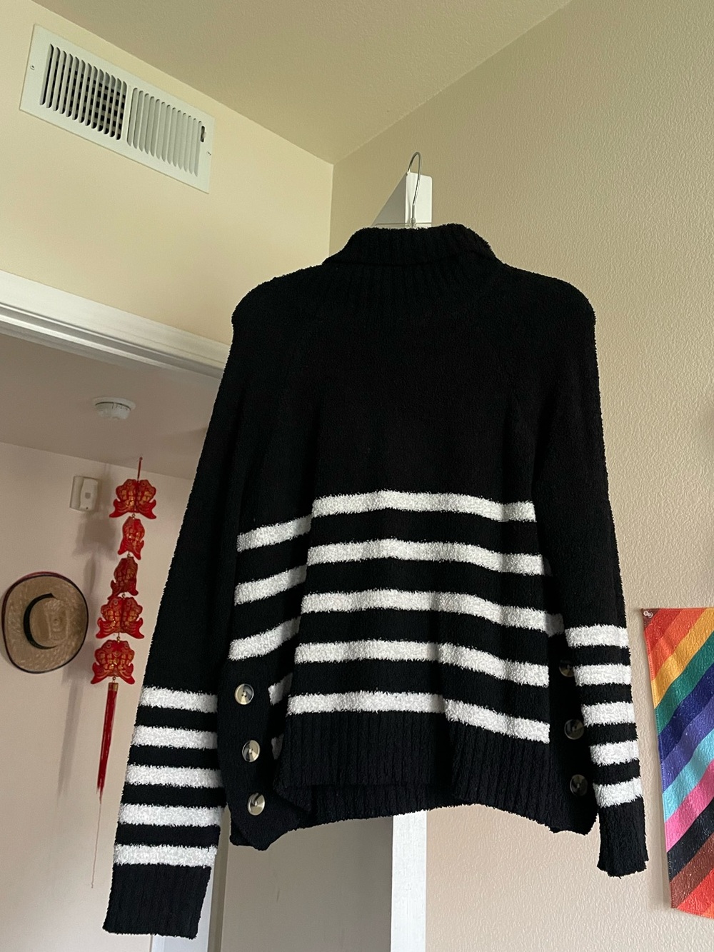 Black and White Striped Turtleneck Sweater